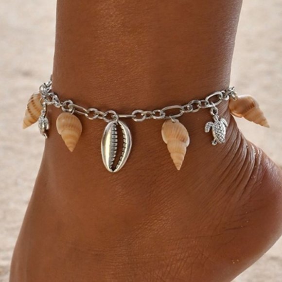 ⚡ 925 Silver Plated Turtle Starfish Sea Shell Conch Anklet, MARR9326 - Picture 2 of 6